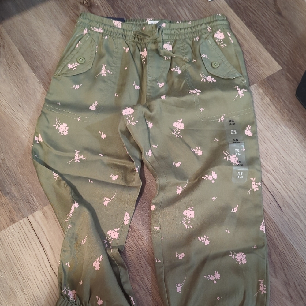 GAP Olive Kids Joggers with Pink Floral Design
